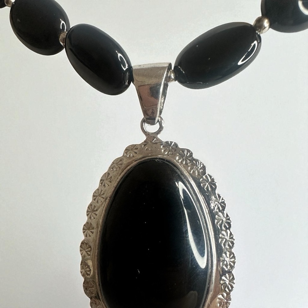 Sterling Silver Black Onyx Beaded Necklace with Large Black Stone Pendant - Picture 4 of 4